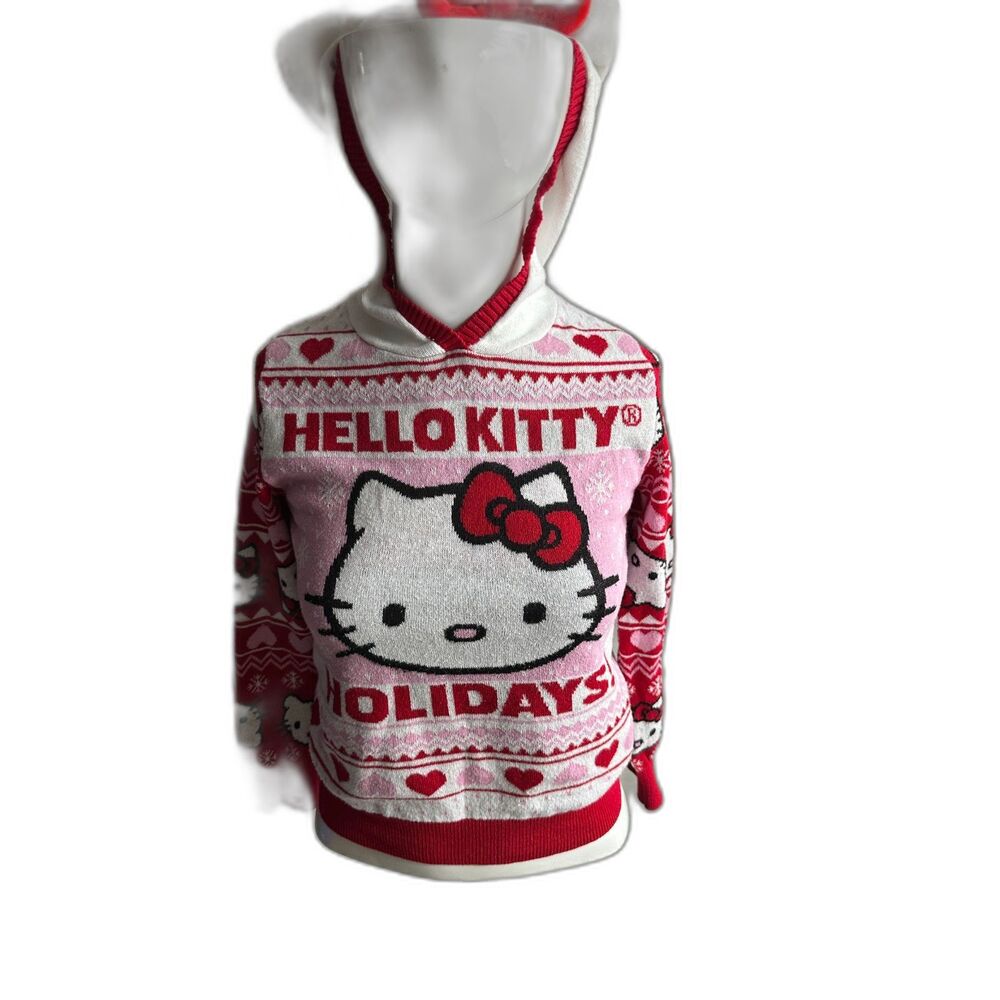 Hello Kitty Holiday Hooded Sweater Character Hood Red Bow Sz S Long Sleeves EUC